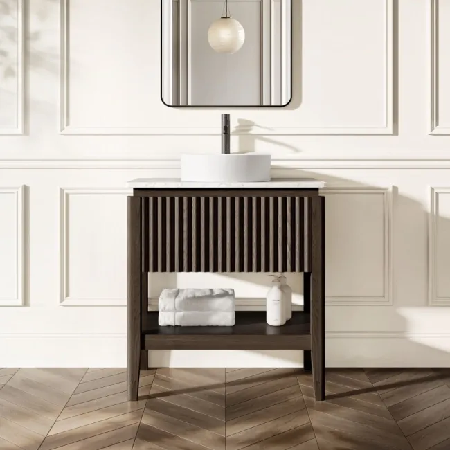 Maru Black Oak Wood Grain Vanity Cabinet 800mm with Carrara Marble Top - Basin Not Included