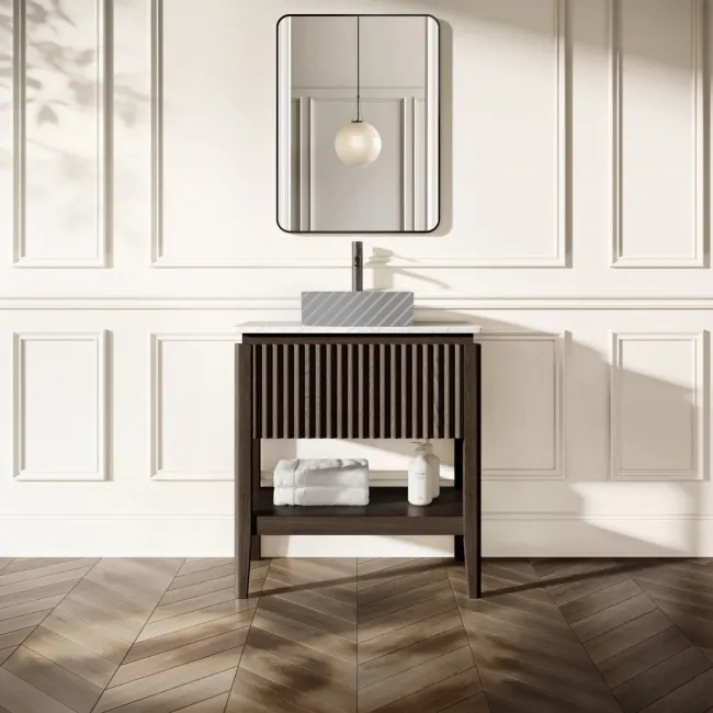 Maru Black Oak Wood Grain Vanity Cabinet 800mm with Carrara Marble Top - Basin Not Included