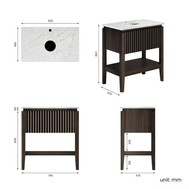 Maru Black Oak Wood Grain Vanity Cabinet 800mm with Carrara Marble Top - Basin Not Included