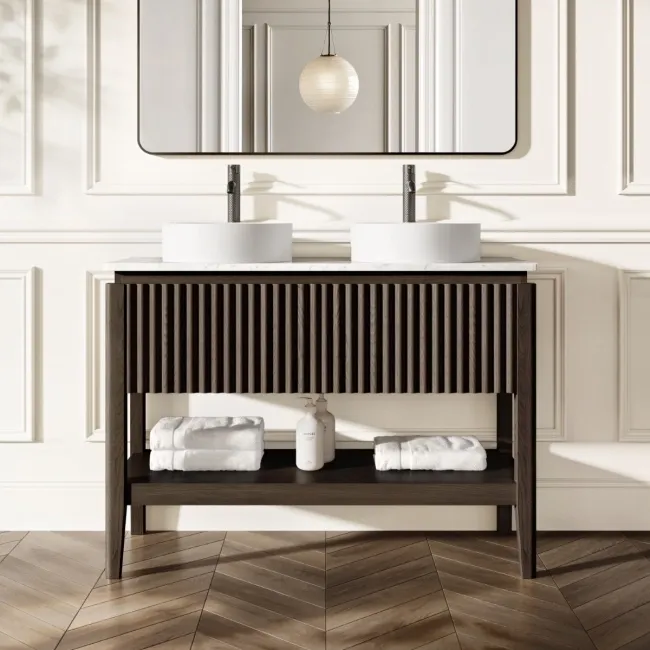 Maru Black Oak Wood Grain Vanity Cabinet 1200mm with Carrara Marble Top - Basin Not Included