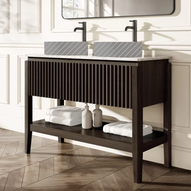 Maru Black Oak Wood Grain Vanity Cabinet 1200mm with Carrara Marble Top - Basin Not Included