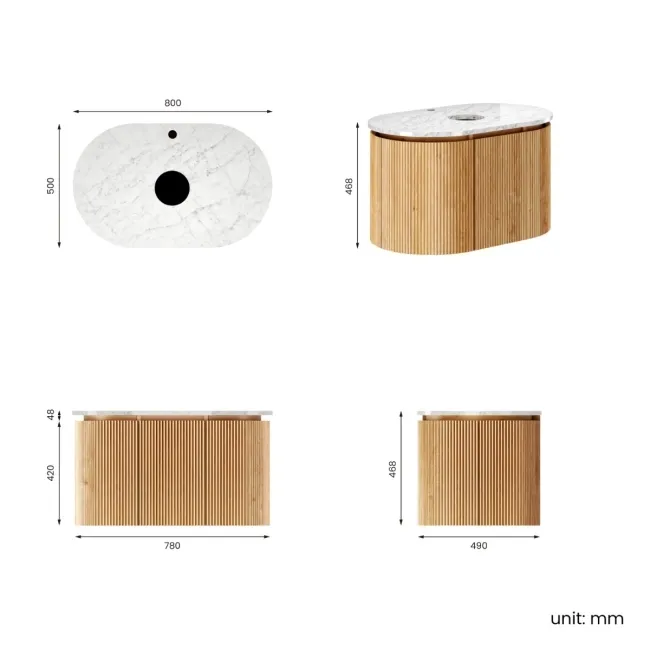 Positano Natural Oak Curved Wall Hung Vanity Drawer with Carrara Marble Top 800mm - Basin Not Included