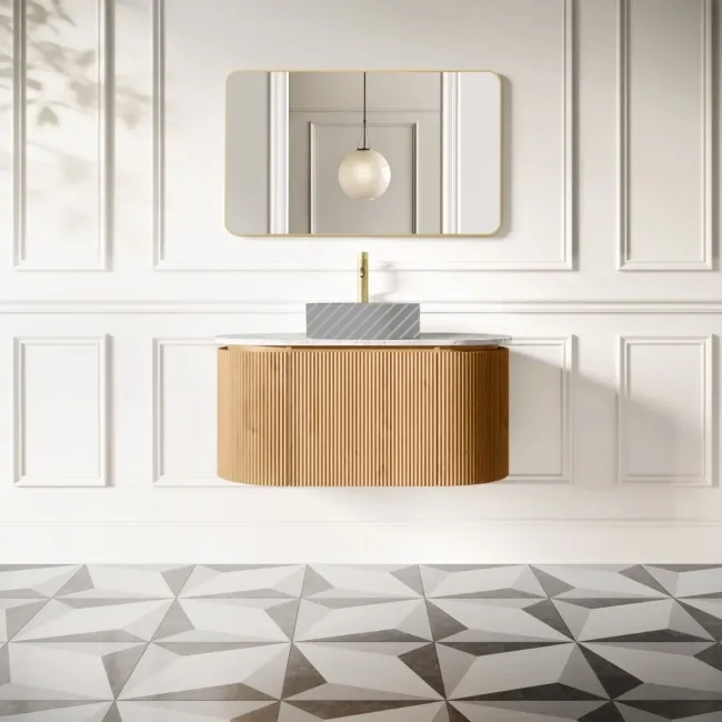 Positano Natural Oak Curved Wall Hung Vanity Drawer with Carrara Marble Top 1000mm - Basin Not Included