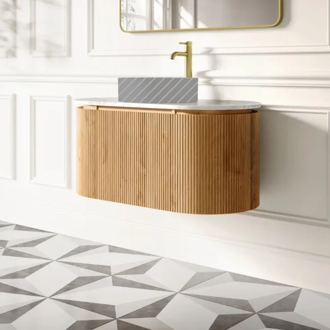 Positano Natural Oak Curved Wall Hung Vanity Drawer with Carrara Marble Top 1000mm - Basin Not Included