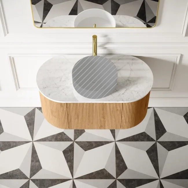 Positano Natural Oak Curved Wall Hung Vanity Drawer with Carrara Marble Top 1000mm - Basin Not Included