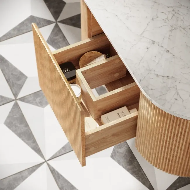 Positano Natural Oak Curved Wall Hung Vanity Drawer with Carrara Marble Top 1000mm - Basin Not Included