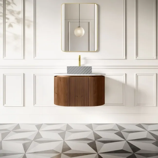 Positano Natural Walnut Curved Wall Hung Vanity Drawer with Carrara Marble Top 800mm - Basin Not Included