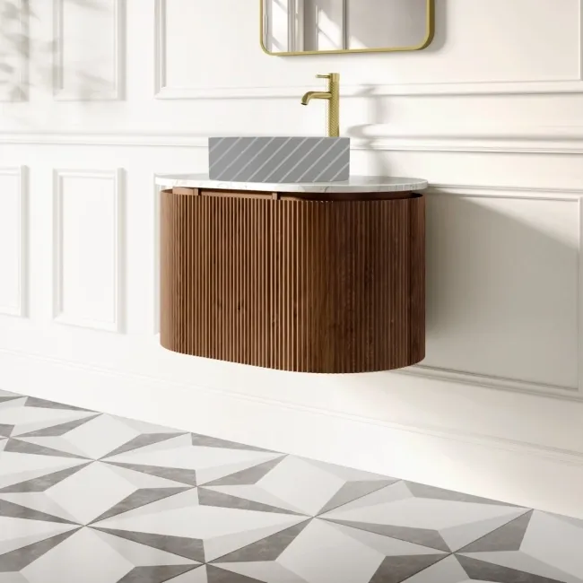 Positano Natural Walnut Curved Wall Hung Vanity Drawer with Carrara Marble Top 800mm - Basin Not Included