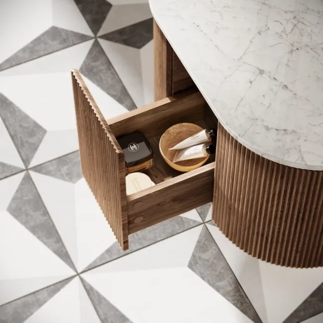 Positano Natural Walnut Curved Wall Hung Vanity Drawer with Carrara Marble Top 800mm - Basin Not Included