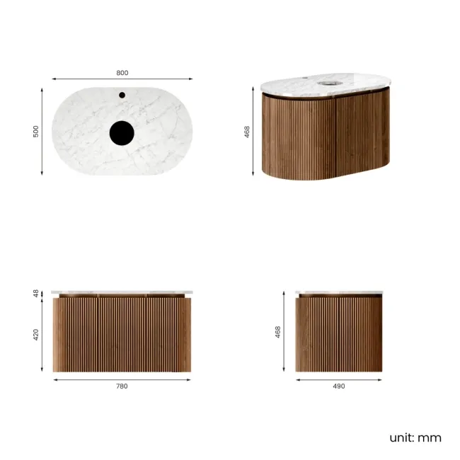 Positano Natural Walnut Curved Wall Hung Vanity Drawer with Carrara Marble Top 800mm - Basin Not Included