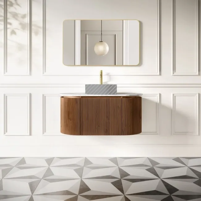 Positano Natural Walnut Curved Wall Hung Vanity Drawer with Carrara Marble Top 1000mm - Basin Not Included