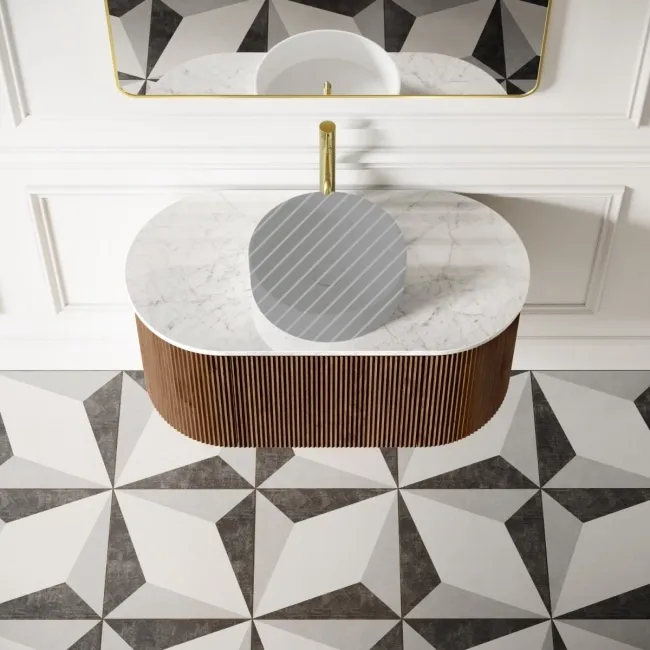 Positano Natural Walnut Curved Wall Hung Vanity Drawer with Carrara Marble Top 1000mm - Basin Not Included