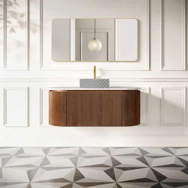 Positano Natural Walnut Curved Wall Hung Vanity Drawer with Carrara Marble Top 1200mm - Basin Not Included