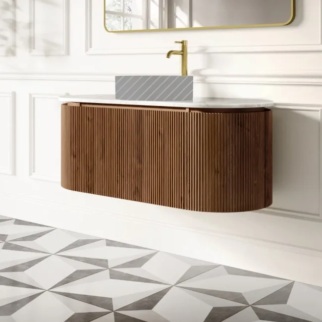 Positano Natural Walnut Curved Wall Hung Vanity Drawer with Carrara Marble Top 1200mm - Basin Not Included