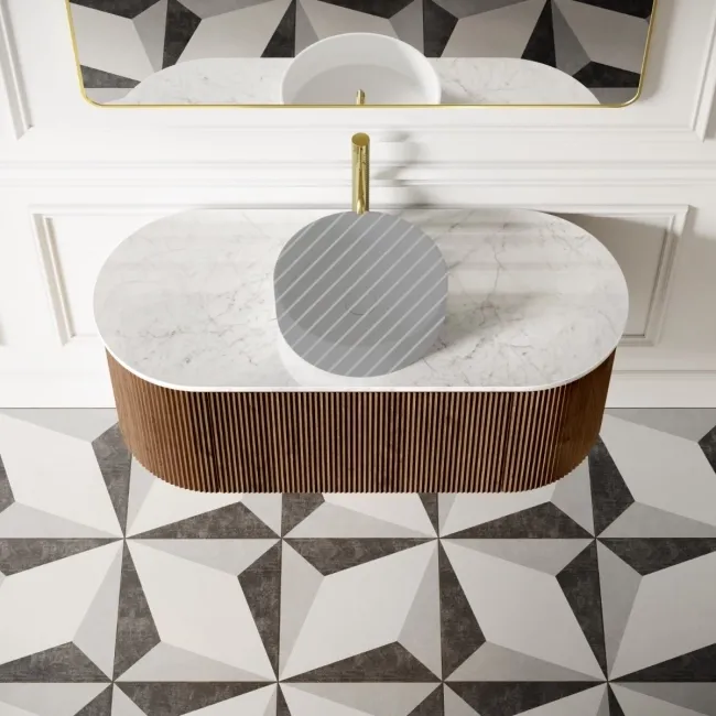 Positano Natural Walnut Curved Wall Hung Vanity Drawer with Carrara Marble Top 1200mm - Basin Not Included