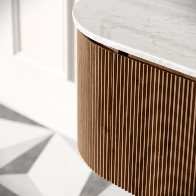Positano Natural Walnut Curved Wall Hung Vanity Drawer with Carrara Marble Top 1200mm - Basin Not Included
