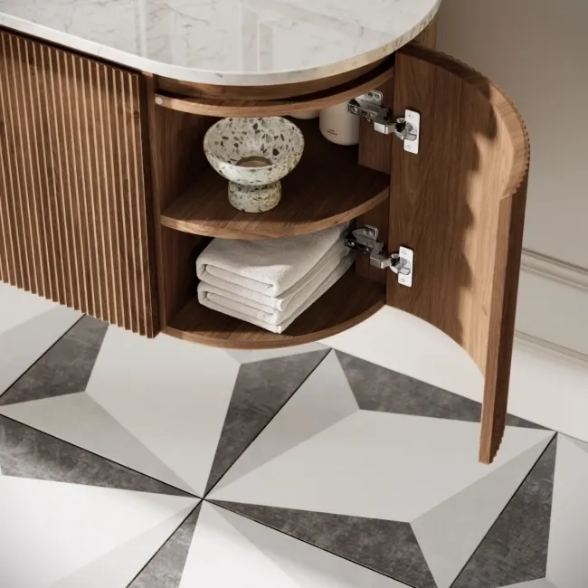 Positano Natural Walnut Curved Wall Hung Vanity Drawer with Carrara Marble Top 1200mm - Basin Not Included