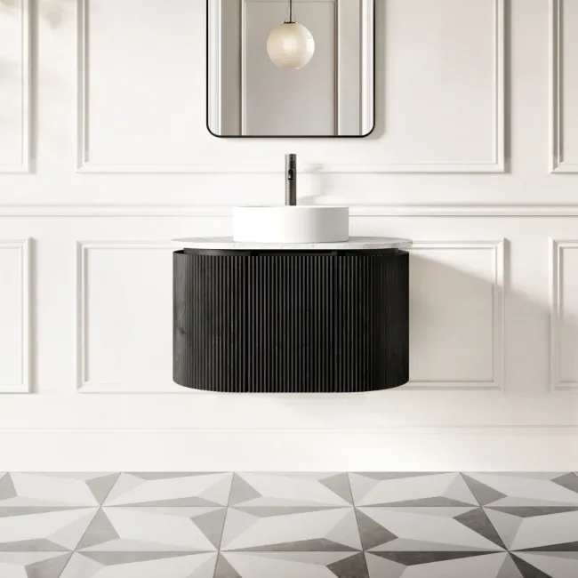 Positano Black Oak Curved Wall Hung Vanity Drawer with Carrara Marble Top 800mm - Basin Not Included