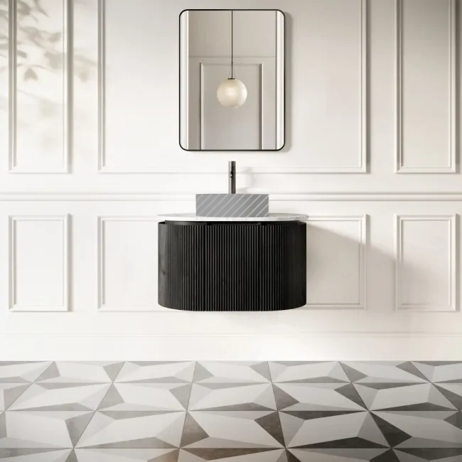 Positano Black Oak Curved Wall Hung Vanity Drawer with Carrara Marble Top 800mm - Basin Not Included