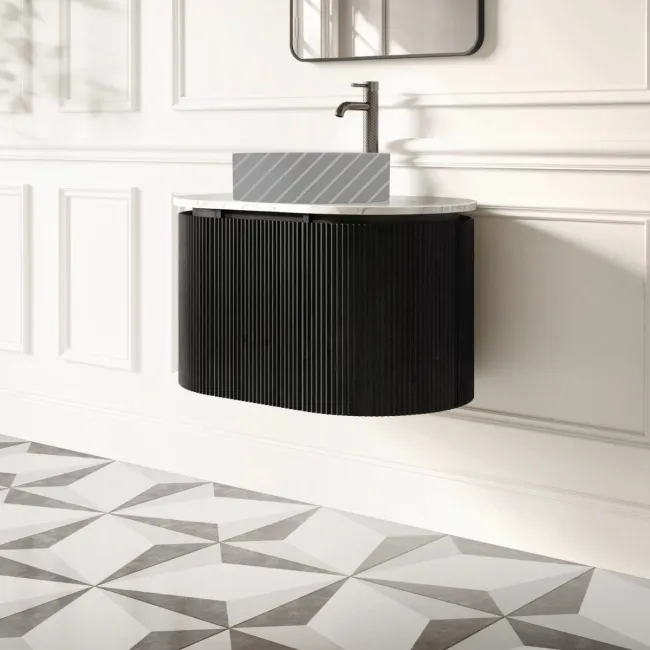 Positano Black Oak Curved Wall Hung Vanity Drawer with Carrara Marble Top 800mm - Basin Not Included