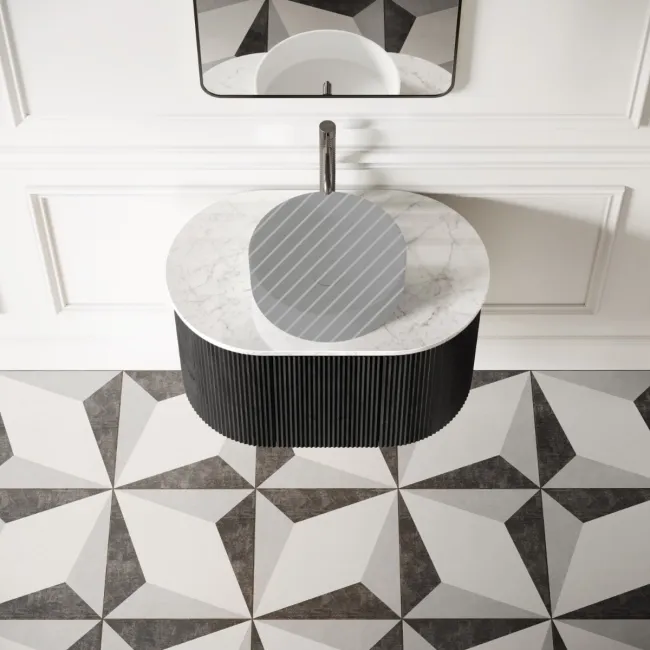 Positano Black Oak Curved Wall Hung Vanity Drawer with Carrara Marble Top 800mm - Basin Not Included