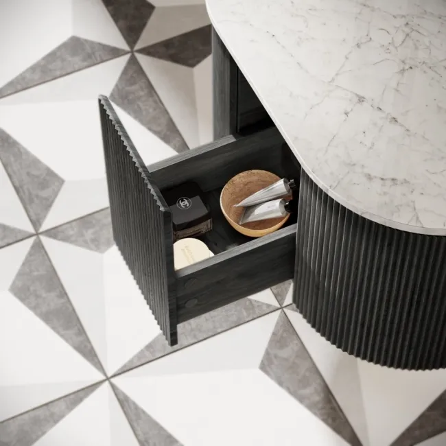 Positano Black Oak Curved Wall Hung Vanity Drawer with Carrara Marble Top 800mm - Basin Not Included