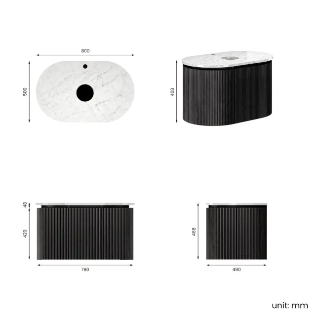 Positano Black Oak Curved Wall Hung Vanity Drawer with Carrara Marble Top 800mm - Basin Not Included