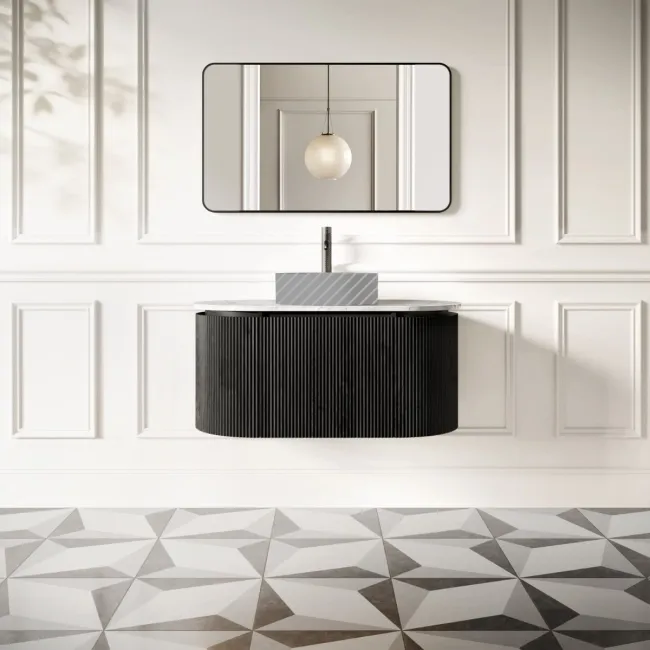 Positano Black Oak Curved Wall Hung Vanity Drawer with Carrara Marble Top 1000mm - Basin Not Included