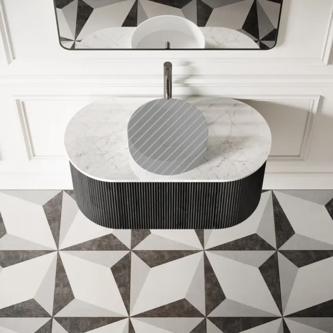 Positano Black Oak Curved Wall Hung Vanity Drawer with Carrara Marble Top 1000mm - Basin Not Included