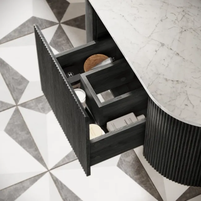 Positano Black Oak Curved Wall Hung Vanity Drawer with Carrara Marble Top 1000mm - Basin Not Included