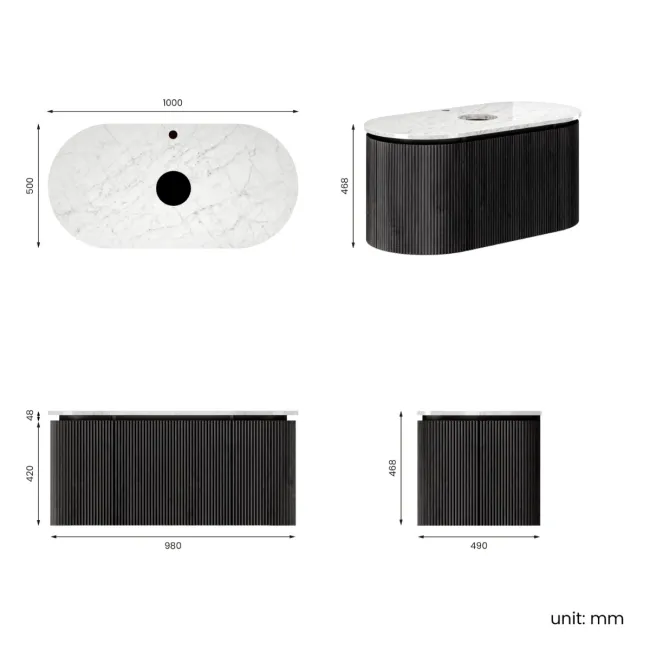 Positano Black Oak Curved Wall Hung Vanity Drawer with Carrara Marble Top 1000mm - Basin Not Included