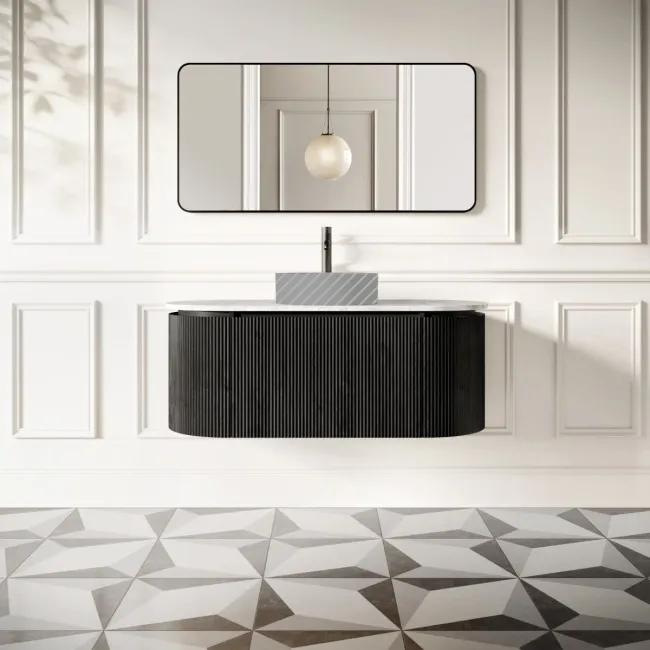 Positano Black Oak Curved Wall Hung Vanity Drawer with Carrara Marble Top 1200mm - Basin Not Included