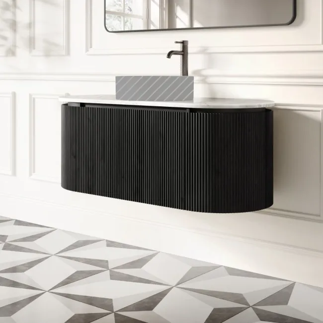 Positano Black Oak Curved Wall Hung Vanity Drawer with Carrara Marble Top 1200mm - Basin Not Included