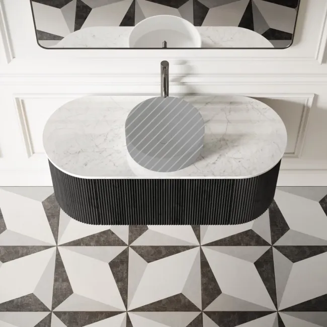 Positano Black Oak Curved Wall Hung Vanity Drawer with Carrara Marble Top 1200mm - Basin Not Included