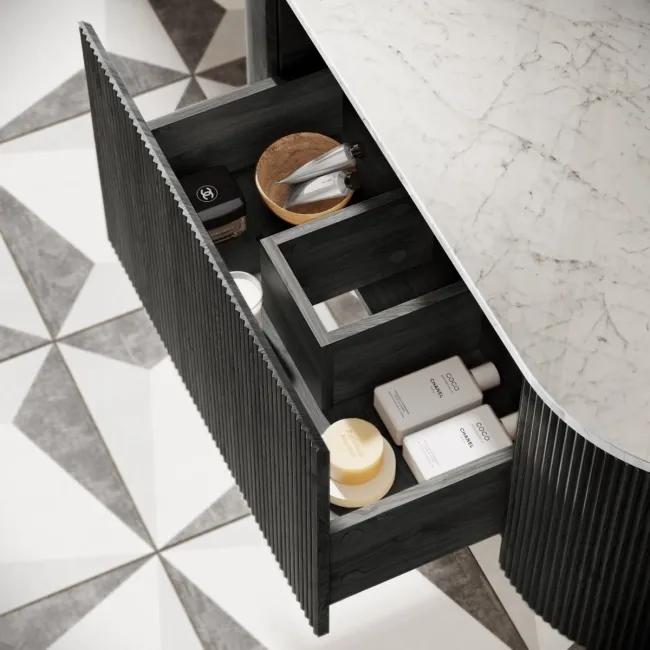Positano Black Oak Curved Wall Hung Vanity Drawer with Carrara Marble Top 1200mm - Basin Not Included