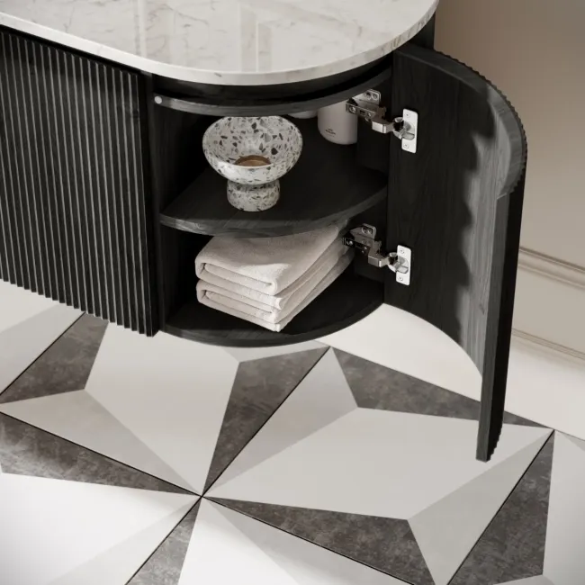Positano Black Oak Curved Wall Hung Vanity Drawer with Carrara Marble Top 1200mm - Basin Not Included