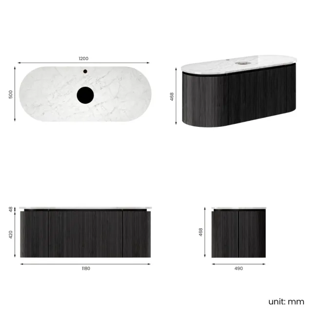 Positano Black Oak Curved Wall Hung Vanity Drawer with Carrara Marble Top 1200mm - Basin Not Included