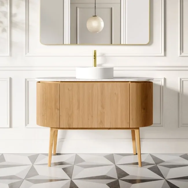 Positano Natural Oak Curved Vanity Unit with Carrara Marble Top 1200mm - Basin Not Included