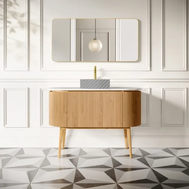 Positano Natural Oak Curved Vanity Unit with Carrara Marble Top 1200mm - Basin Not Included
