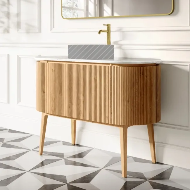 Positano Natural Oak Curved Vanity Unit with Carrara Marble Top 1200mm - Basin Not Included