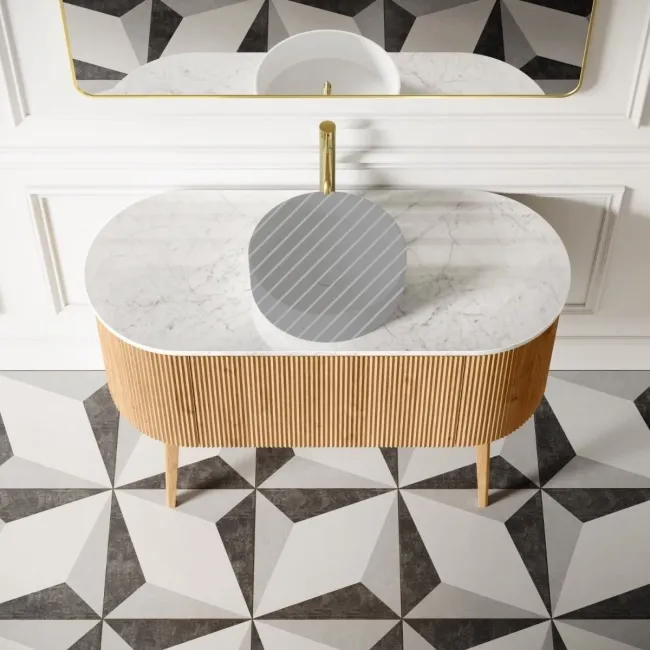 Positano Natural Oak Curved Vanity Unit with Carrara Marble Top 1200mm - Basin Not Included