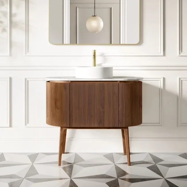 Positano Natural Walnut Curved Vanity Unit with Carrara Marble Top 1000mm - Basin Not Included