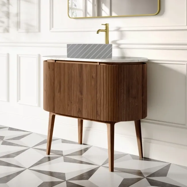 Positano Natural Walnut Curved Vanity Unit with Carrara Marble Top 1000mm - Basin Not Included