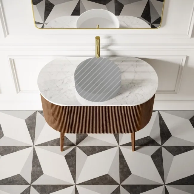 Positano Natural Walnut Curved Vanity Unit with Carrara Marble Top 1000mm - Basin Not Included