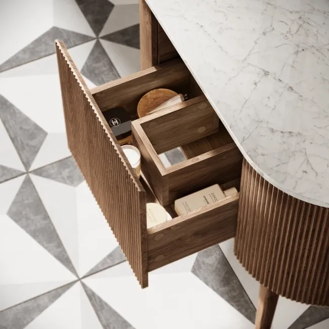 Positano Natural Walnut Curved Vanity Unit with Carrara Marble Top 1000mm - Basin Not Included