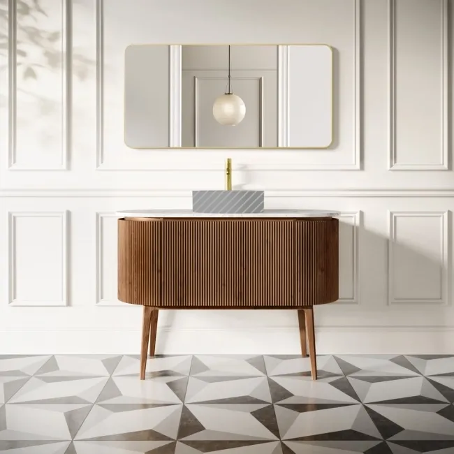 Positano Natural Walnut Curved Vanity Unit with Carrara Marble Top 1200mm - Basin Not Included