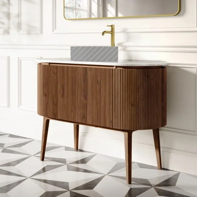 Positano Natural Walnut Curved Vanity Unit with Carrara Marble Top 1200mm - Basin Not Included