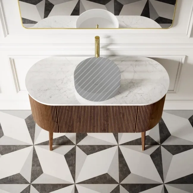 Positano Natural Walnut Curved Vanity Unit with Carrara Marble Top 1200mm - Basin Not Included