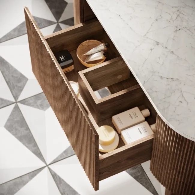 Positano Natural Walnut Curved Vanity Unit with Carrara Marble Top 1200mm - Basin Not Included