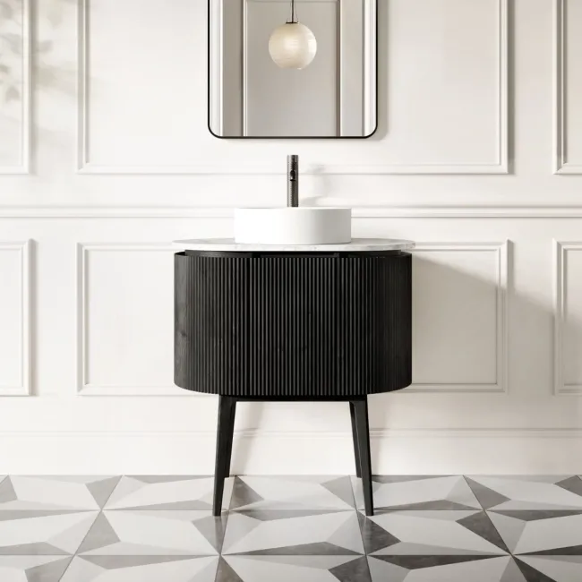 Positano Black Oak Curved Vanity Unit with Carrara Marble Top 800mm - Basin Not Included